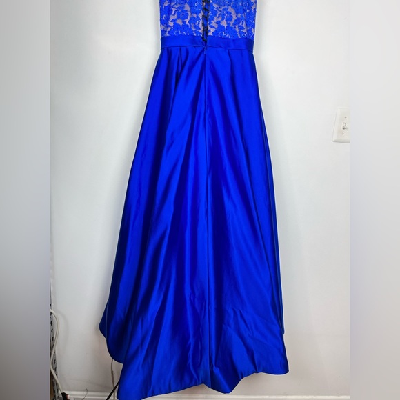 Jovani Blue Lace High Neck Lace Bodice Satin Long Dress Corset Back - Picture 6 of 16